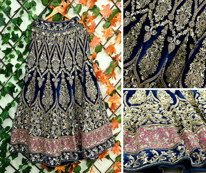 Indian Pre-owned Heavy Wedding Blue Velvet Hand Embroidered Lehenga/Skirt Designer By Manish Malhotra Zardozi Bridal Wear