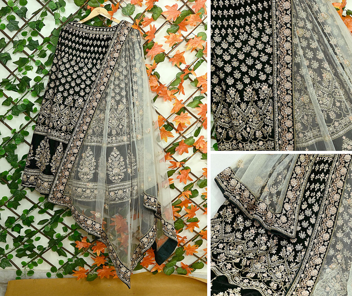 Indian Pre-owned Heavy Wedding Green Net/Mesh/ Velvet Hand Embroidered Lehenga/Dupatta Designer By Manish Malhotra Zardozi Bridal Wear