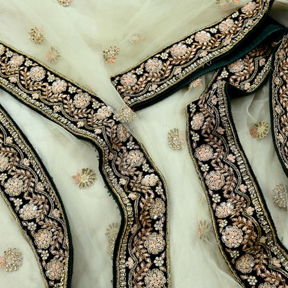Indian Pre-owned Heavy Wedding Olive Green Net/Mesh Hand Embroidered Dupatta Designer By Manish Malhotra Zardozi Bridal Veil