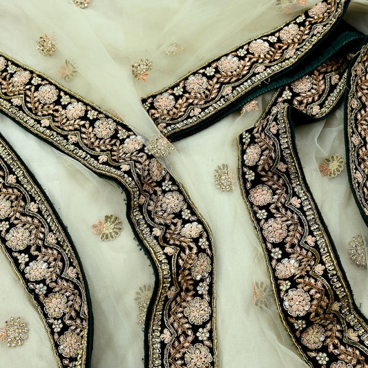 Indian Pre-owned Heavy Wedding Olive Green Net/Mesh Hand Embroidered Dupatta Designer By Manish Malhotra Zardozi Bridal Veil
