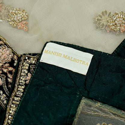 Indian Pre-owned Heavy Wedding Olive Green Net/Mesh Hand Embroidered Dupatta Designer By Manish Malhotra Zardozi Bridal Veil