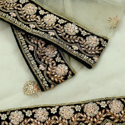 Indian Pre-owned Heavy Wedding Olive Green Net/Mesh Hand Embroidered Dupatta Designer By Manish Malhotra Zardozi Bridal Veil