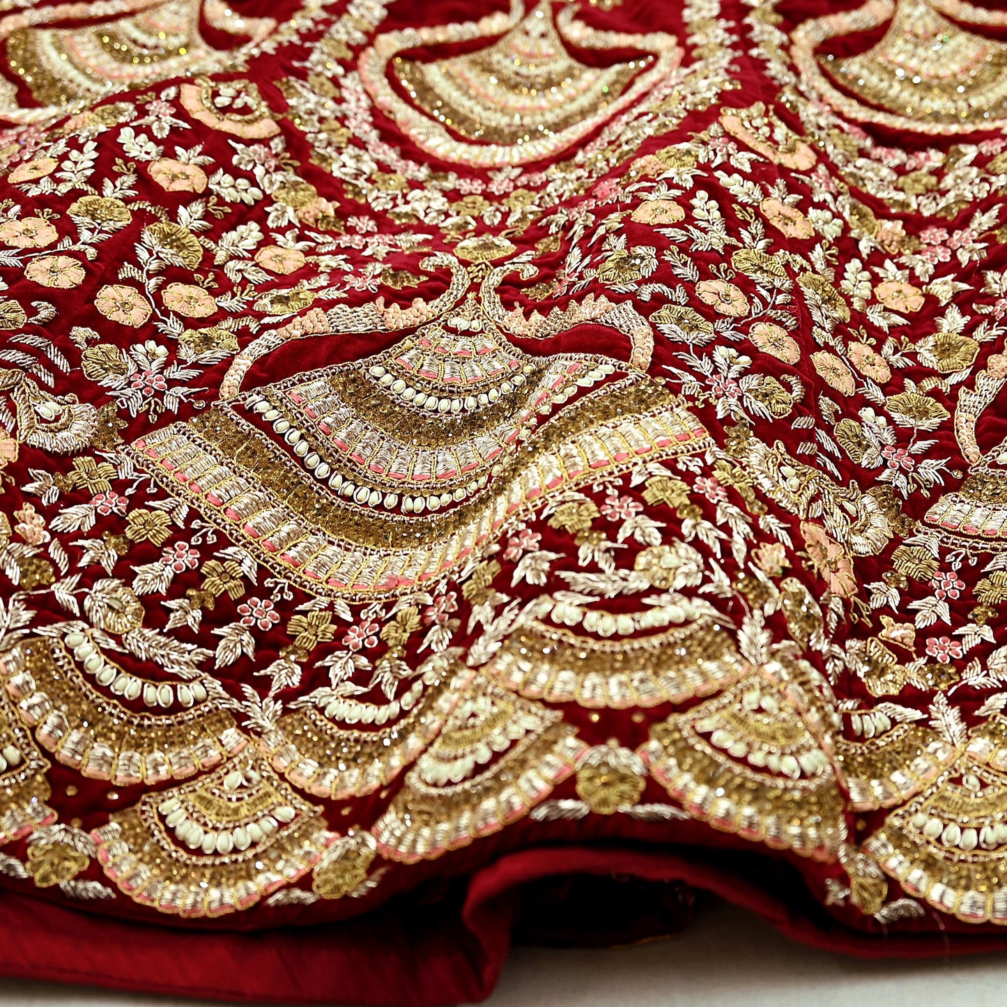 Indian Pre-owned Heavy Wedding Maroon Velvet Hand Embroidered Lehenga/Skirt Designer By Anamika Khanna Bridal Wear
