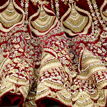 Indian Pre-owned Heavy Wedding Maroon Velvet Hand Embroidered Lehenga/Skirt Designer By Anamika Khanna Bridal Wear