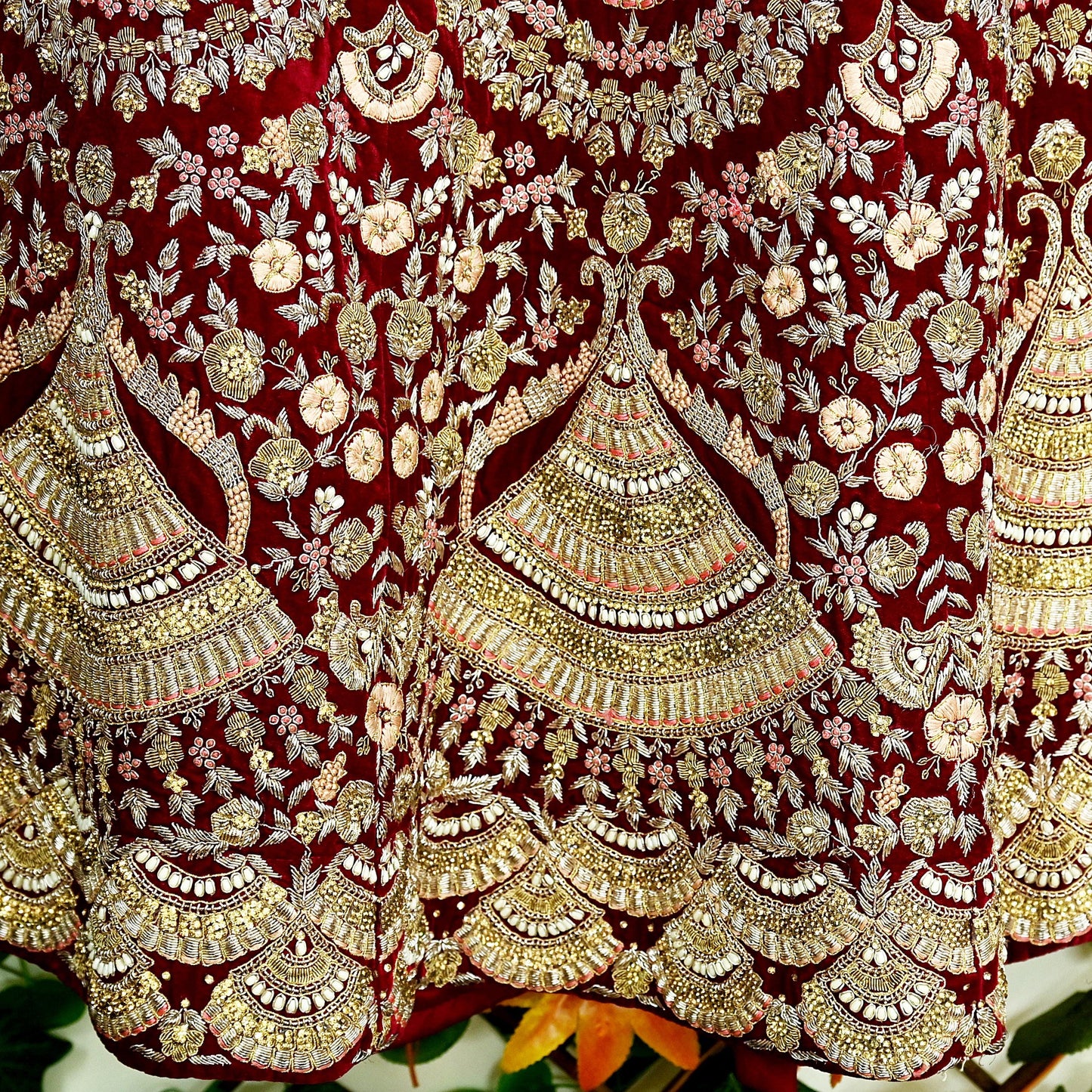 Indian Pre-owned Heavy Wedding Maroon Velvet Hand Embroidered Lehenga/Skirt Designer By Anamika Khanna Bridal Wear
