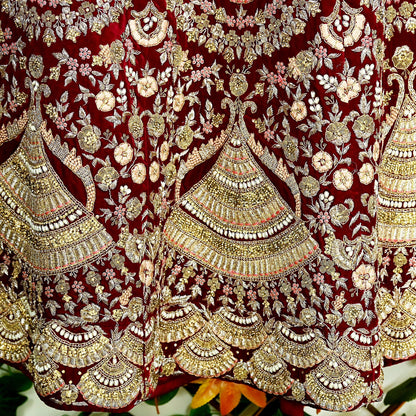 Indian Pre-owned Heavy Wedding Maroon Velvet Hand Embroidered Lehenga/Skirt Designer By Anamika Khanna Bridal Wear