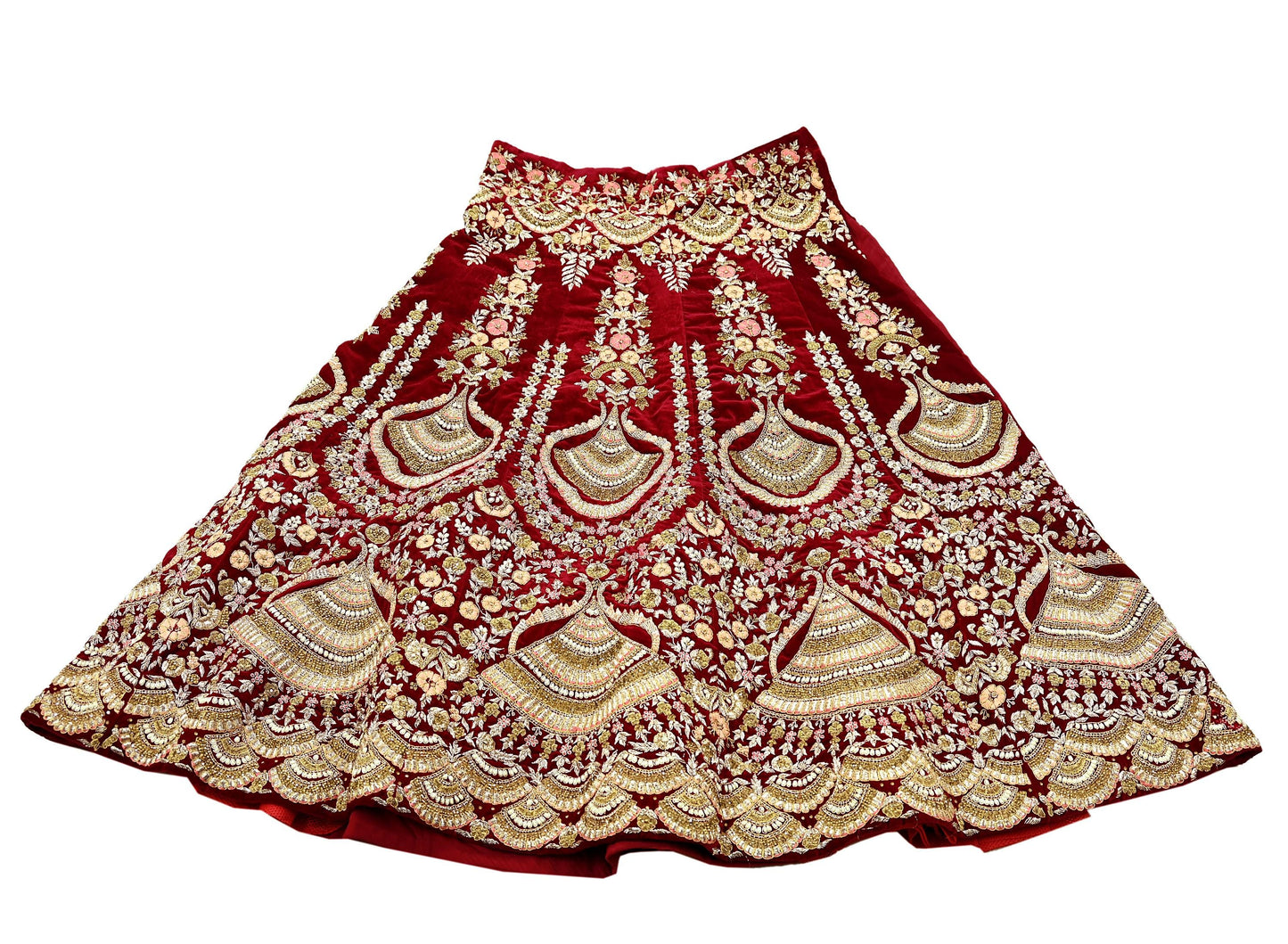 Indian Pre-owned Heavy Wedding Maroon Velvet Hand Embroidered Lehenga/Skirt Designer By Anamika Khanna Bridal Wear