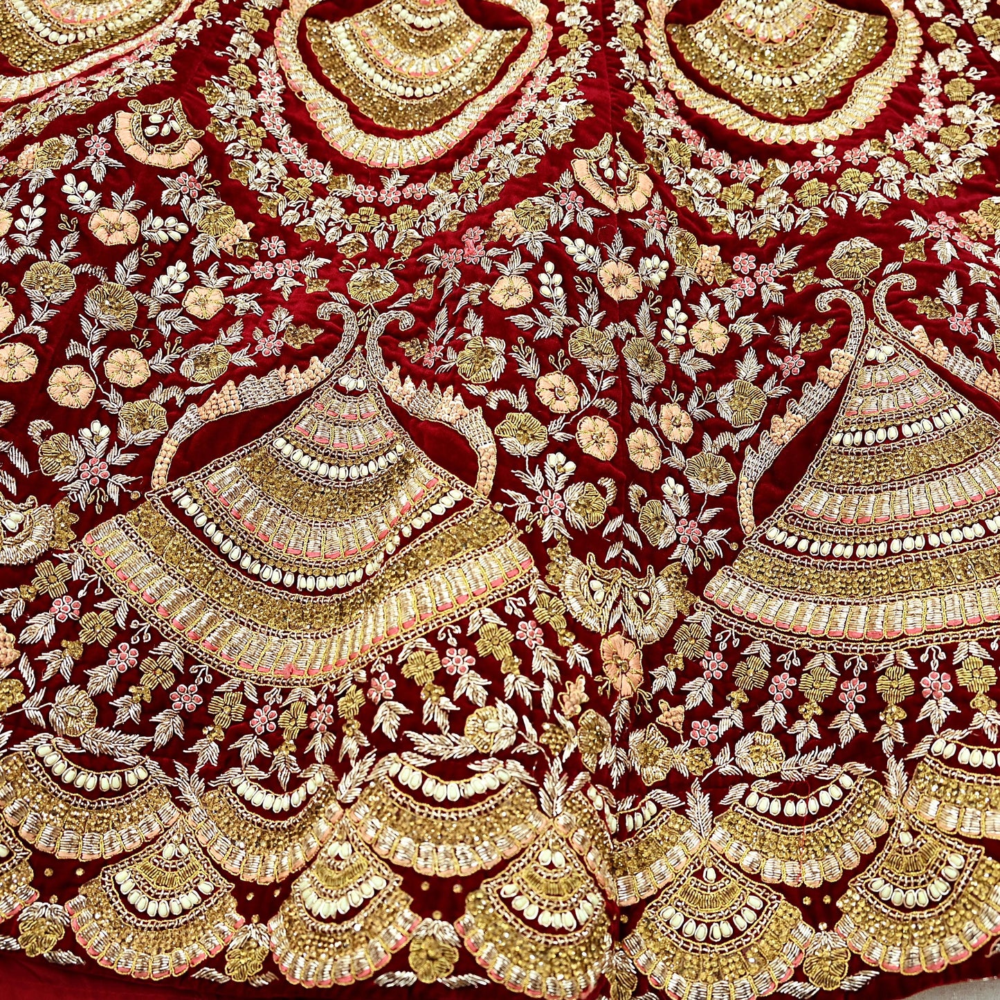 Indian Pre-owned Heavy Wedding Maroon Velvet Hand Embroidered Lehenga/Skirt Designer By Anamika Khanna Bridal Wear