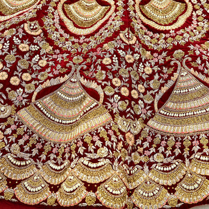 Indian Pre-owned Heavy Wedding Maroon Velvet Hand Embroidered Lehenga/Skirt Designer By Anamika Khanna Bridal Wear