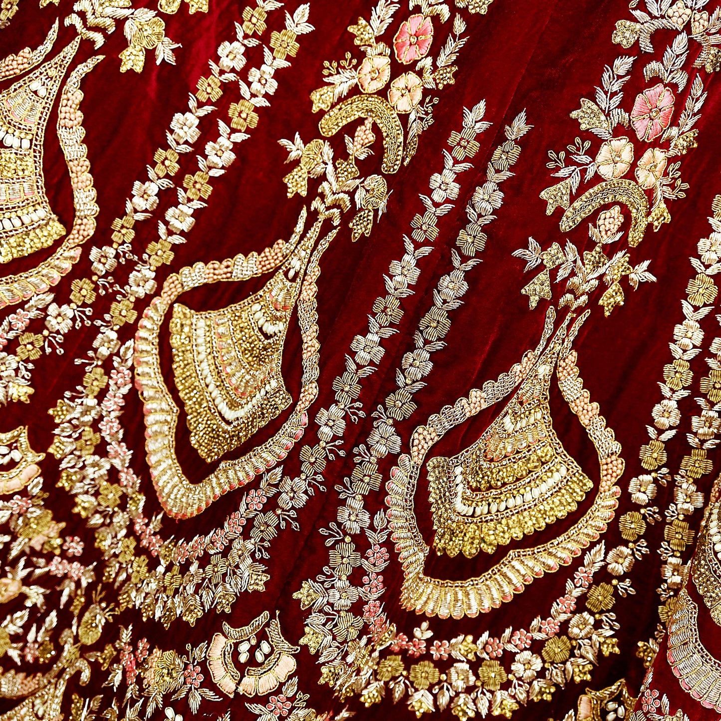 Indian Pre-owned Heavy Wedding Maroon Velvet Hand Embroidered Lehenga/Skirt Designer By Anamika Khanna Bridal Wear
