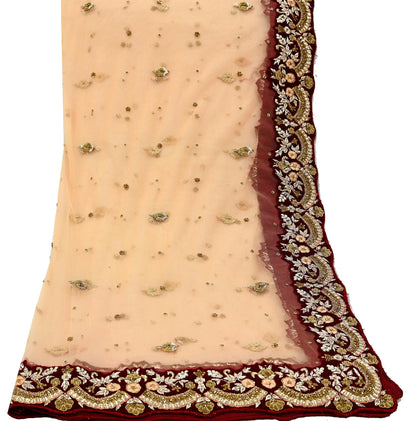 Indian Pre-owned Heavy Wedding Peach Net/Mesh/ Velvet Hand Embroidered Lehenga/Dupatta Designer By Anamika Khanna Bridal Wear
