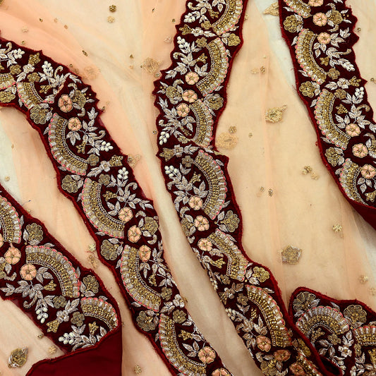 Indian Pre-owned Heavy Wedding Peach Net/Mesh/ Velvet Hand Embroidered Lehenga/Dupatta Designer By Anamika Khanna Bridal Wear