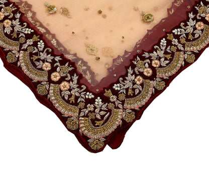 Indian Pre-owned Heavy Wedding Peach Net/Mesh/ Velvet Hand Embroidered Lehenga/Dupatta Designer By Anamika Khanna Bridal Wear