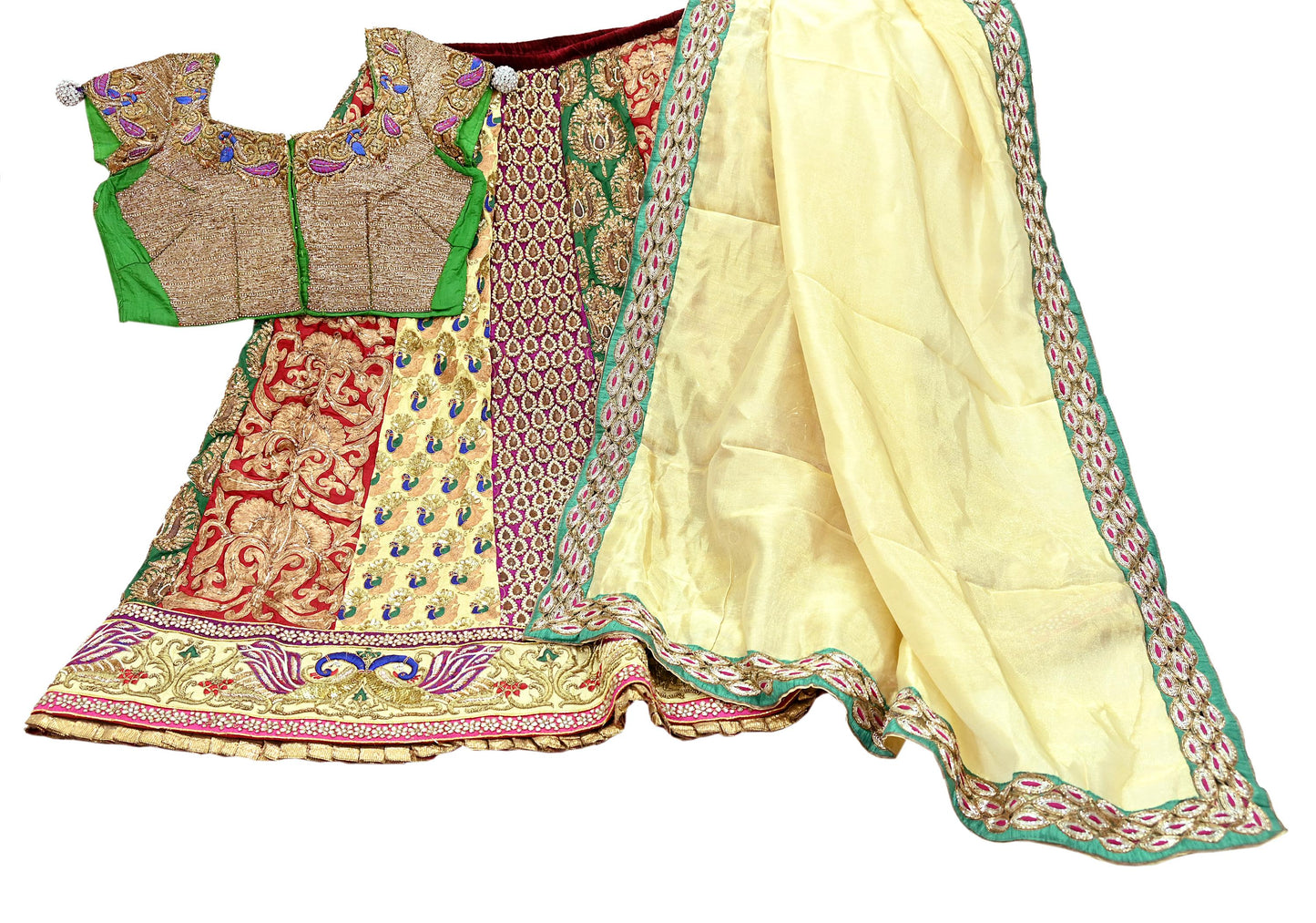 Indian Pre-owned Heavy Wedding Golden & Multi Hand Embroidered Lehenga/Dupatta Designer By Sabyasachi Zardozi Bridal Wear Peacock Design