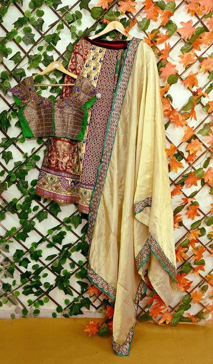 Indian Pre-owned Heavy Wedding Golden & Multi Hand Embroidered Lehenga/Dupatta Designer By Sabyasachi Zardozi Bridal Wear Peacock Design