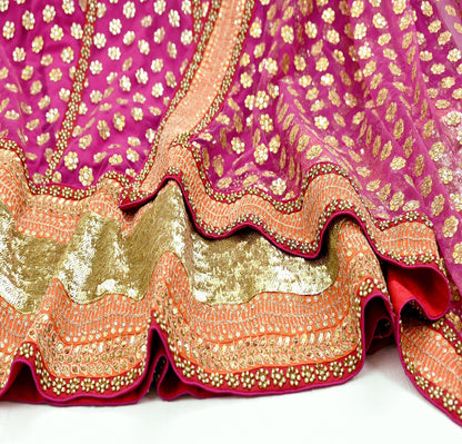 Indian Pre-owned Heavy Wedding Red Net/Mesh Hand Embroidered Lehenga/Dupatta Designer By Sabyasachi Zardozi Bridal Wear