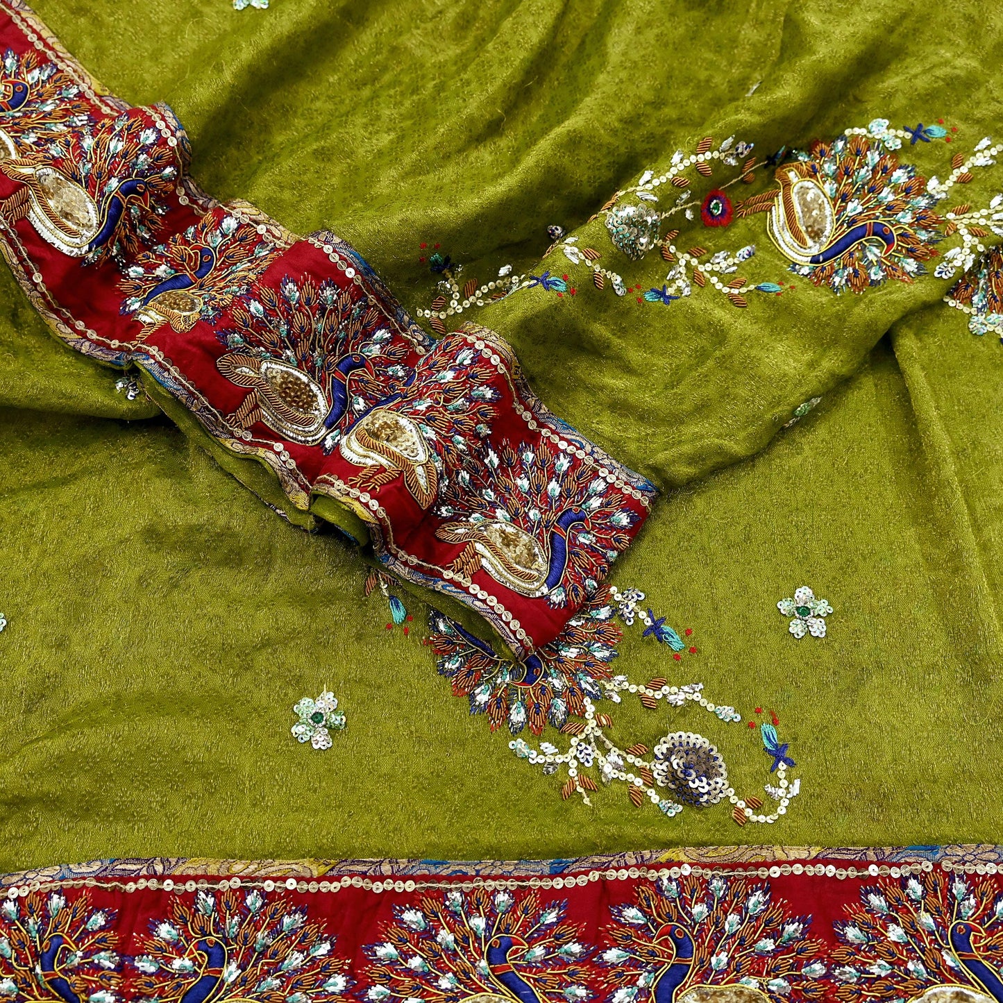 Indian Pre-owned Heavy Wedding Dupatta Green Long Stole Hand Embroidered Designer Sabyasachi Scarves Zardozi Bridal Veil Peacock Design