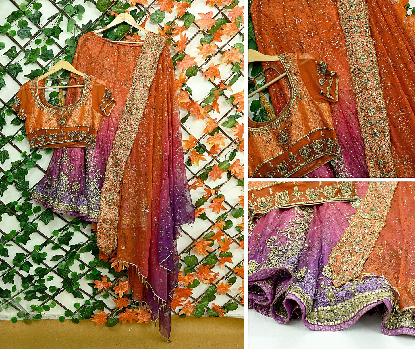 Indian Pre-owned Heavy Wedding Purple & Orange Net/Mesh Hand Embroidered Lehenga/Dupatta/Choli Designer By Tarun Tahiliani Party/Bridal Wear