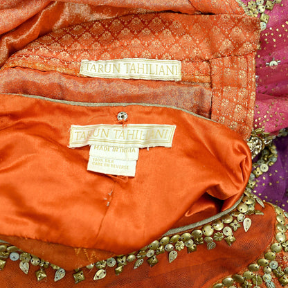 Indian Pre-owned Heavy Wedding Purple & Orange Net/Mesh Hand Embroidered Lehenga/Dupatta/Choli Designer By Tarun Tahiliani Party/Bridal Wear