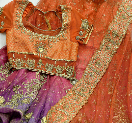 Indian Pre-owned Heavy Wedding Purple & Orange Net/Mesh Hand Embroidered Lehenga/Dupatta/Choli Designer By Tarun Tahiliani Party/Bridal Wear