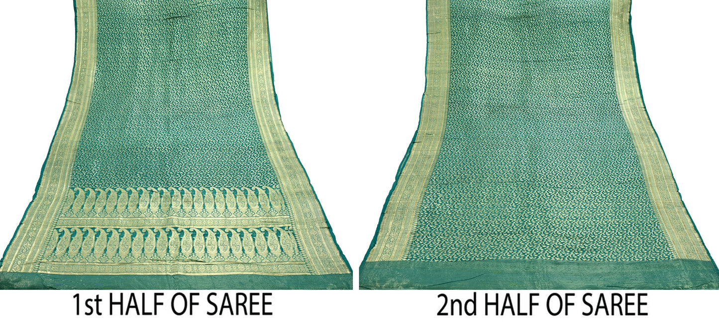 Indian Vintage Sari Heavy Green Pure Organza Silk Woven Brocade Banarasi Sarees Zari 5Yd Ethnic Fabric Dress Making Wedding Sarees