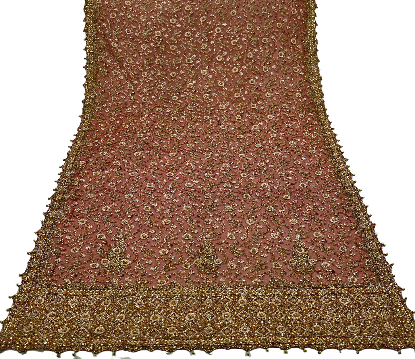 Indian Vintage Heavy Bridal Red Dupatta Net Mesh Long Stole Hand Embroidered Scarves Golden Zardozi Dabka Zari Sequins Wedding Veil Hijab