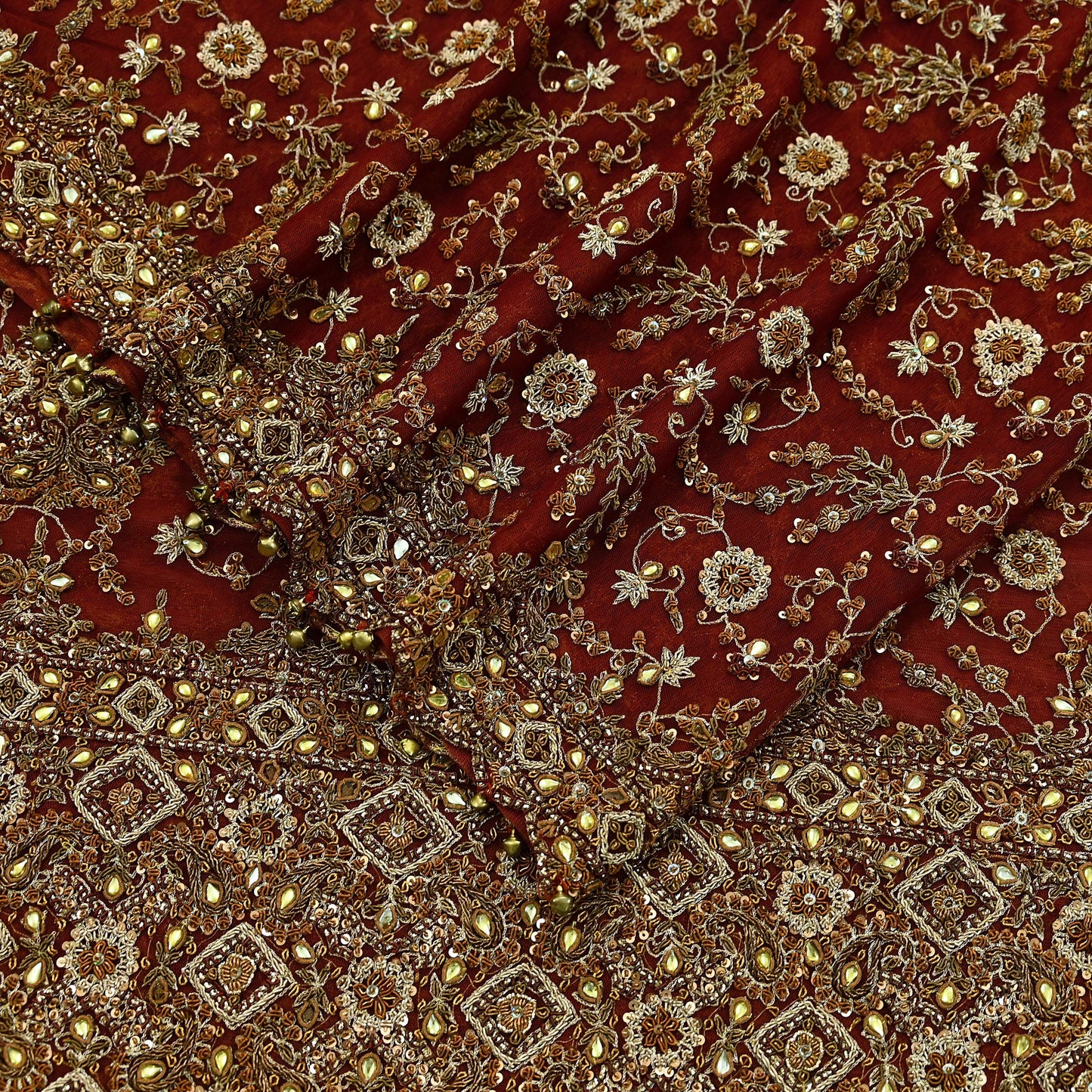 Indian Vintage Heavy Bridal Red Dupatta Net Mesh Long Stole Hand Embroidered Scarves Golden Zardozi Dabka Zari Sequins Wedding Veil Hijab