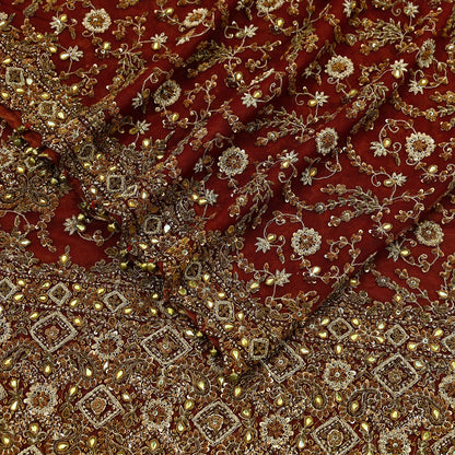 Indian Vintage Heavy Bridal Red Dupatta Net Mesh Long Stole Hand Embroidered Scarves Golden Zardozi Dabka Zari Sequins Wedding Veil Hijab