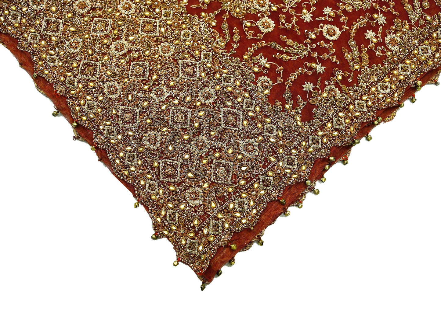 Indian Vintage Heavy Bridal Red Dupatta Net Mesh Long Stole Hand Embroidered Scarves Golden Zardozi Dabka Zari Sequins Wedding Veil Hijab