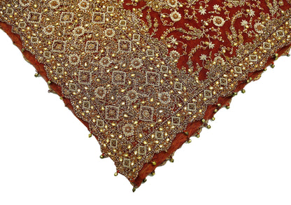 Indian Vintage Heavy Bridal Red Dupatta Net Mesh Long Stole Hand Embroidered Scarves Golden Zardozi Dabka Zari Sequins Wedding Veil Hijab