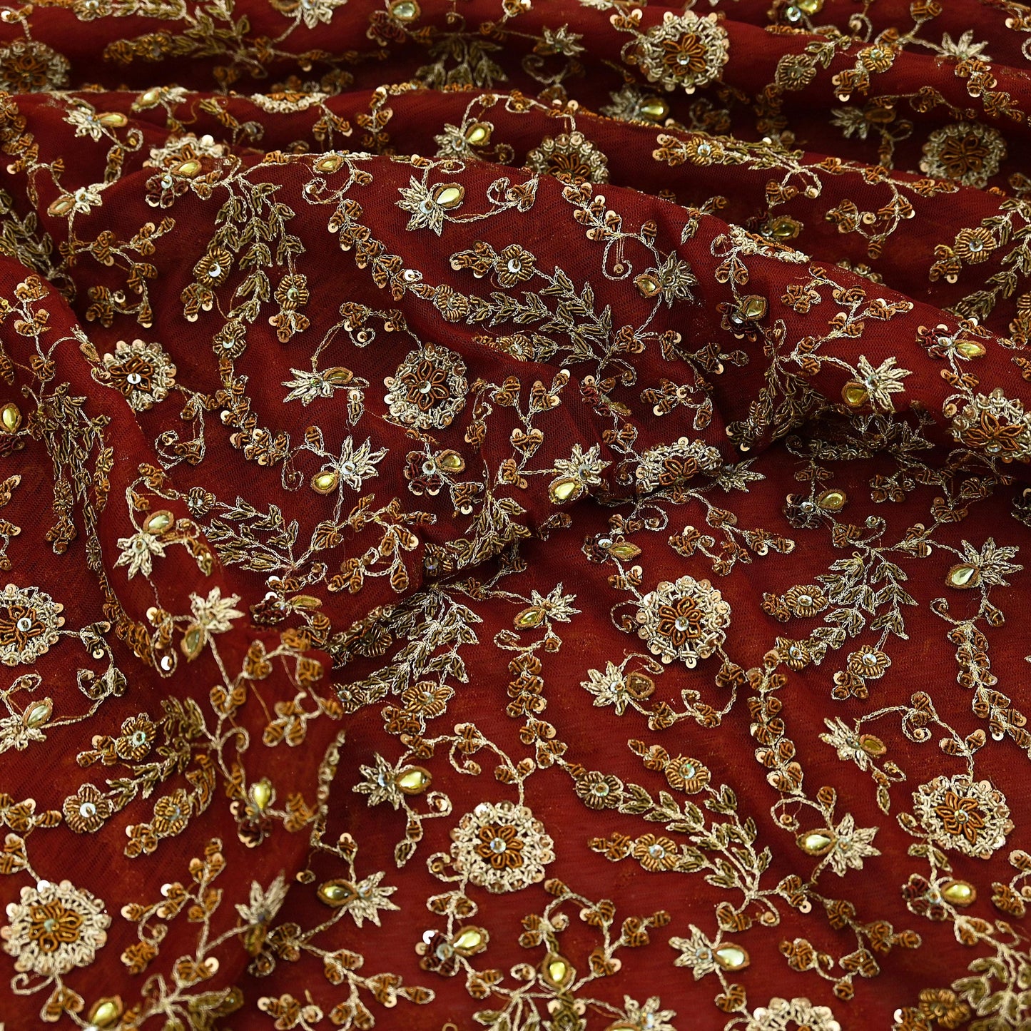 Indian Vintage Heavy Bridal Red Dupatta Net Mesh Long Stole Hand Embroidered Scarves Golden Zardozi Dabka Zari Sequins Wedding Veil Hijab