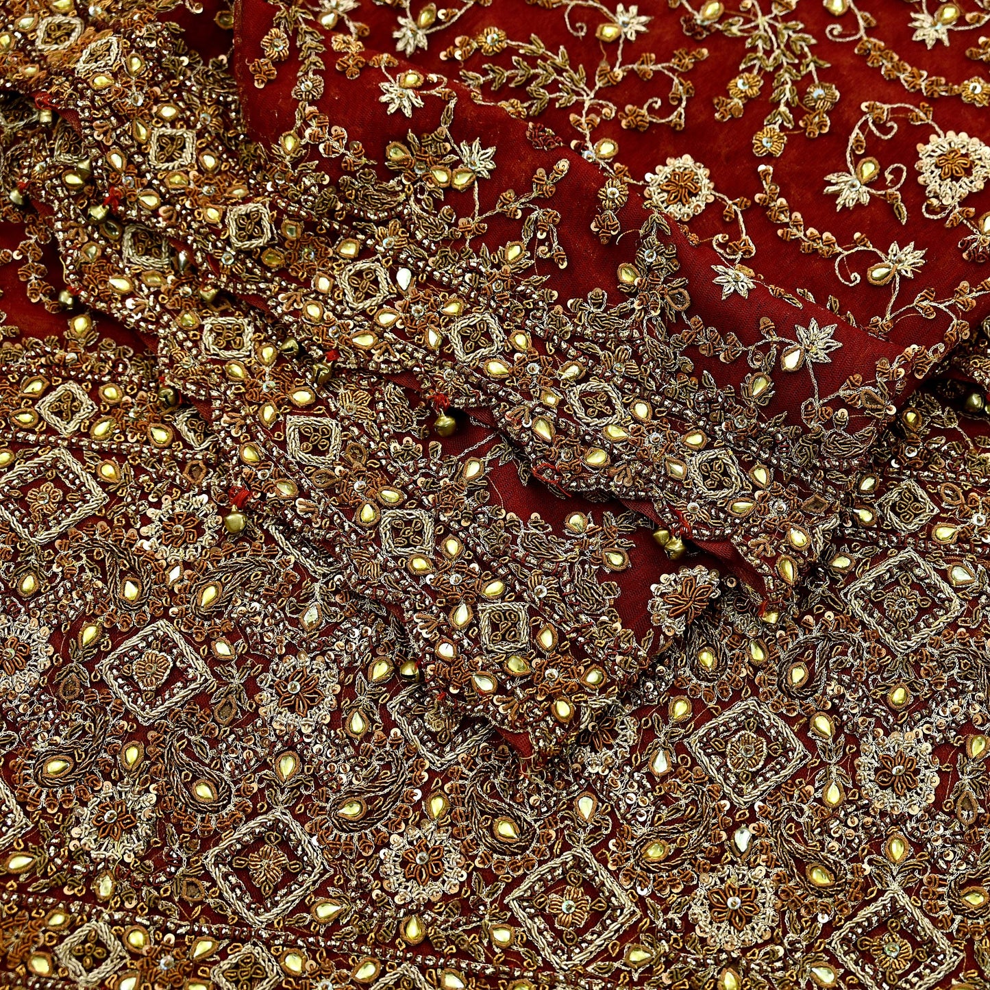 Indian Vintage Heavy Bridal Red Dupatta Net Mesh Long Stole Hand Embroidered Scarves Golden Zardozi Dabka Zari Sequins Wedding Veil Hijab