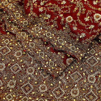 Indian Vintage Heavy Bridal Red Dupatta Net Mesh Long Stole Hand Embroidered Scarves Golden Zardozi Dabka Zari Sequins Wedding Veil Hijab