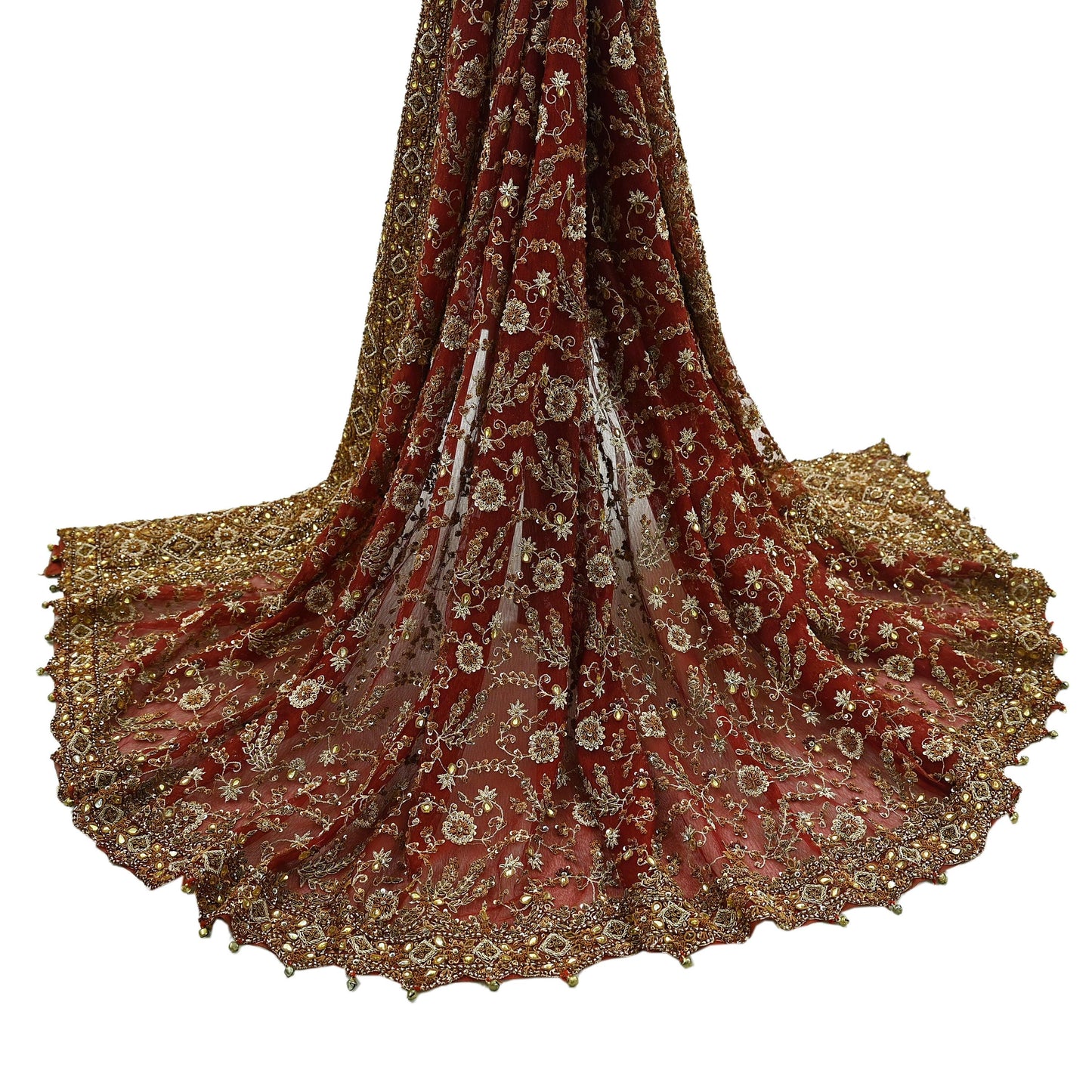 Indian Vintage Heavy Bridal Red Dupatta Net Mesh Long Stole Hand Embroidered Scarves Golden Zardozi Dabka Zari Sequins Wedding Veil Hijab