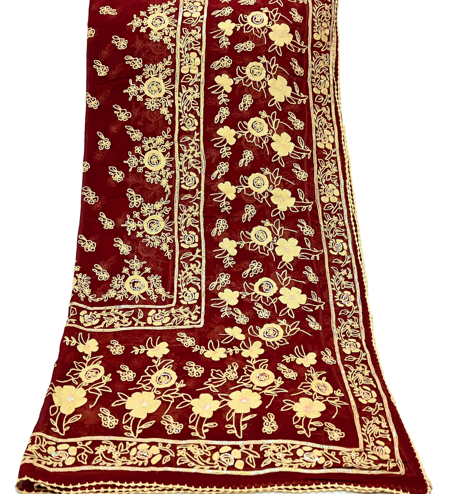 Indian Vintage Dupatta Maroon Long Stole Pure Georgette Silk Hand Embroidered Scarves Veil Hijab Floral Sequins