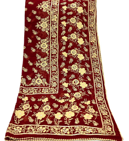 Indian Vintage Dupatta Maroon Long Stole Pure Georgette Silk Hand Embroidered Scarves Veil Hijab Floral Sequins