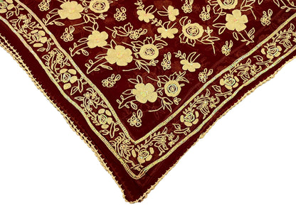 Indian Vintage Dupatta Maroon Long Stole Pure Georgette Silk Hand Embroidered Scarves Veil Hijab Floral Sequins