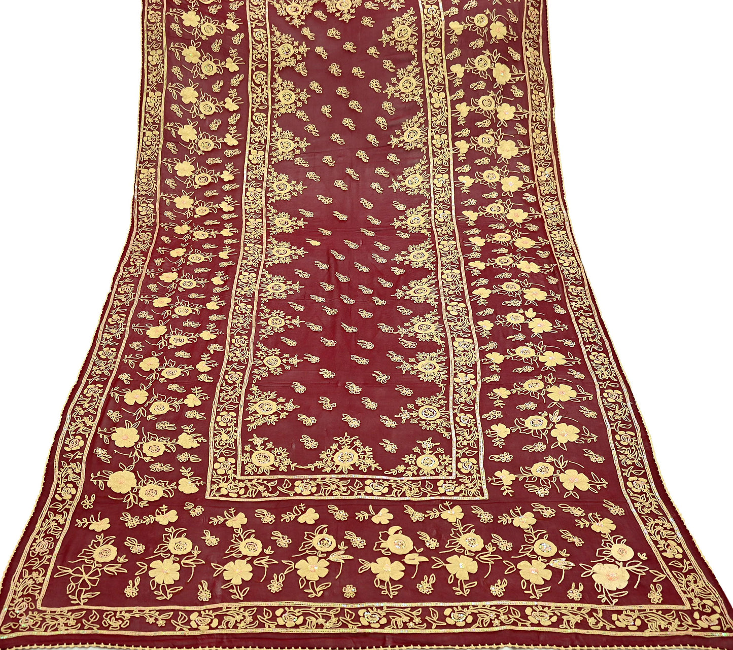 Indian Vintage Dupatta Maroon Long Stole Pure Georgette Silk Hand Embroidered Scarves Veil Hijab Floral Sequins