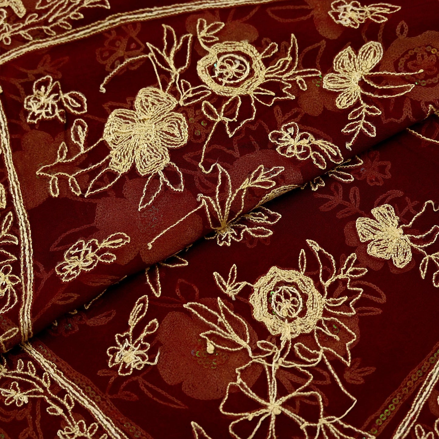 Indian Vintage Dupatta Maroon Long Stole Pure Georgette Silk Hand Embroidered Scarves Veil Hijab Floral Sequins