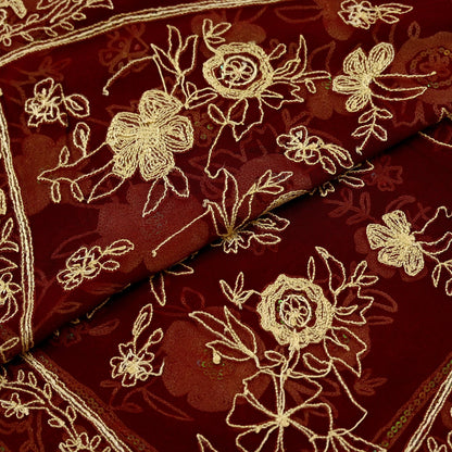 Indian Vintage Dupatta Maroon Long Stole Pure Georgette Silk Hand Embroidered Scarves Veil Hijab Floral Sequins