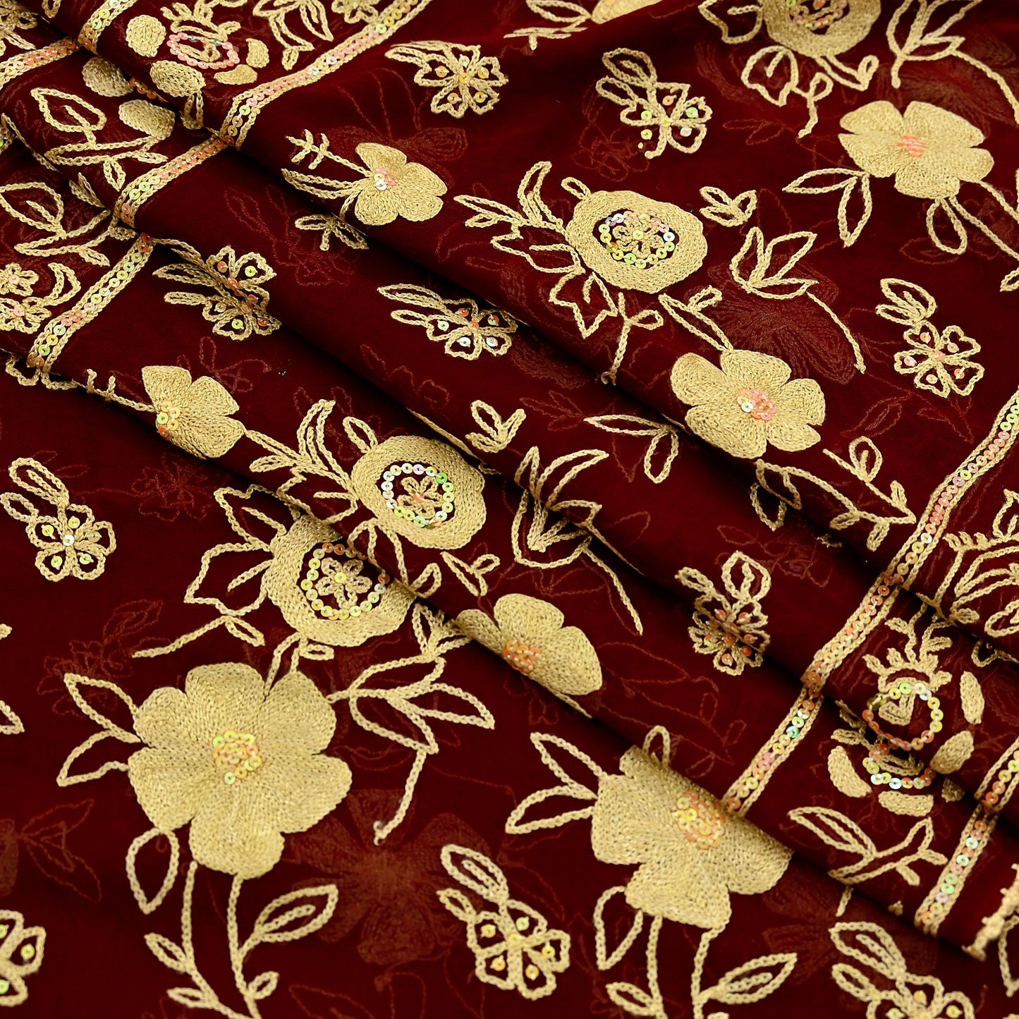 Indian Vintage Dupatta Maroon Long Stole Pure Georgette Silk Hand Embroidered Scarves Veil Hijab Floral Sequins