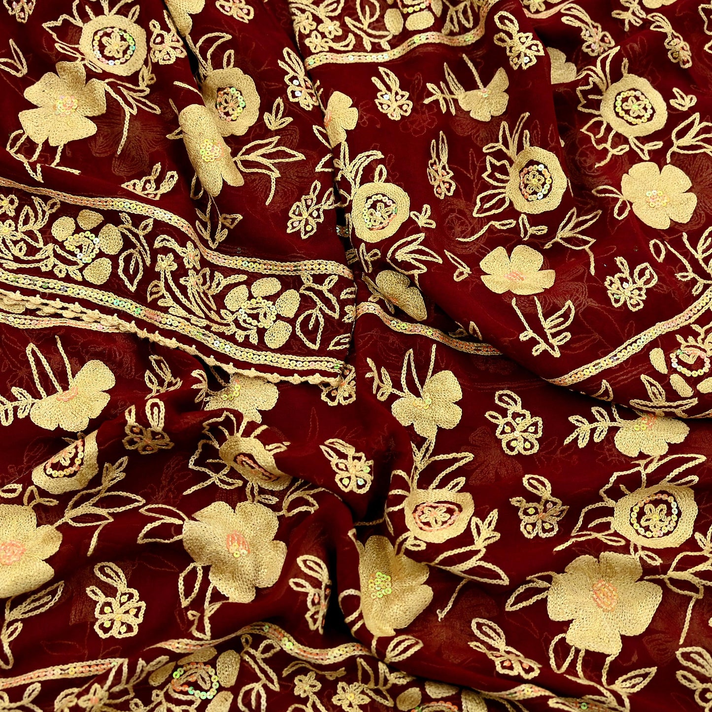 Indian Vintage Dupatta Maroon Long Stole Pure Georgette Silk Hand Embroidered Scarves Veil Hijab Floral Sequins