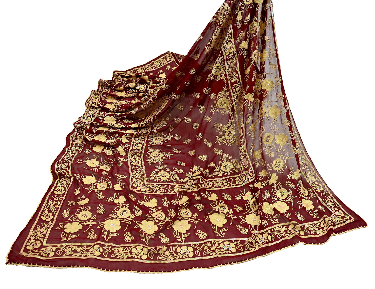 Indian Vintage Dupatta Maroon Long Stole Pure Georgette Silk Hand Embroidered Scarves Veil Hijab Floral Sequins