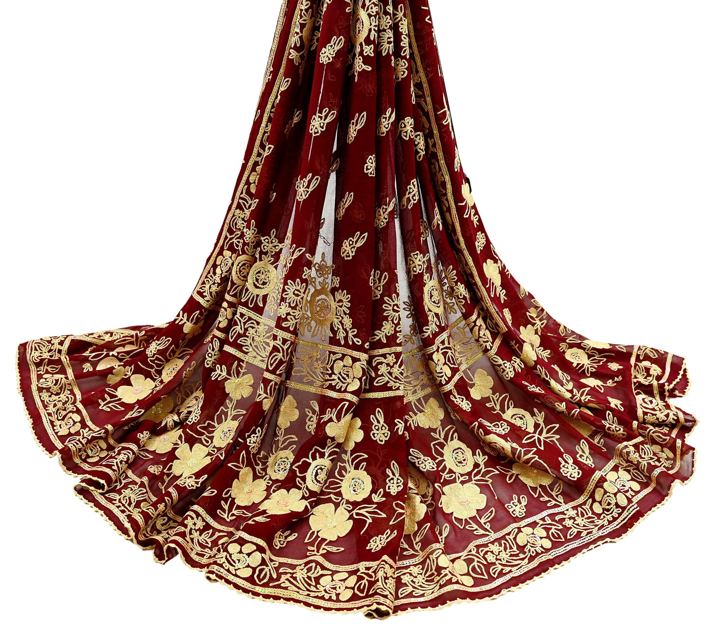 Indian Vintage Dupatta Maroon Long Stole Pure Georgette Silk Hand Embroidered Scarves Veil Hijab Floral Sequins
