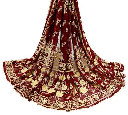 Indian Vintage Dupatta Maroon Long Stole Pure Georgette Silk Hand Embroidered Scarves Veil Hijab Floral Sequins