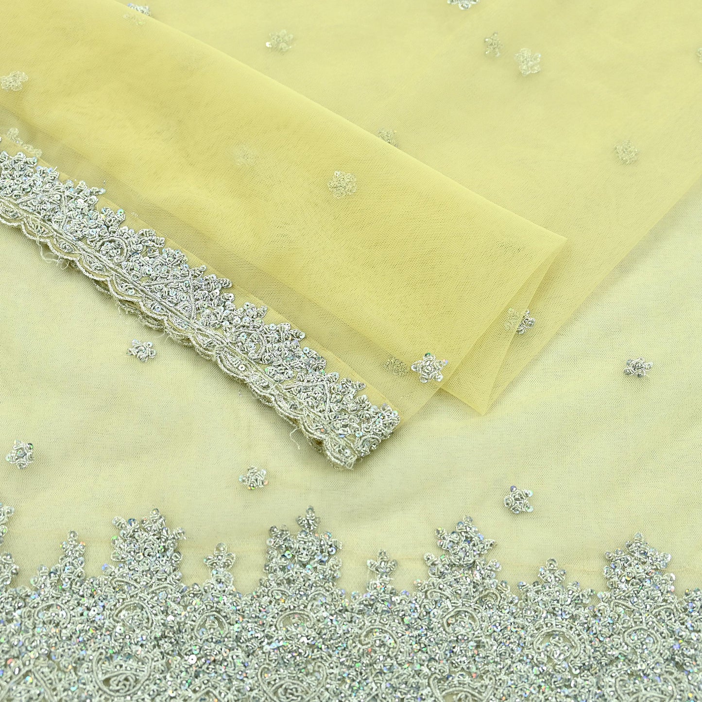Indian Vintage Sari Yellow Net/Mesh Hand Embroidered Sarees Craft Fabric 6Yd Sewing Soft Zardozi/Dabka Zari Sequins Wedding sarees