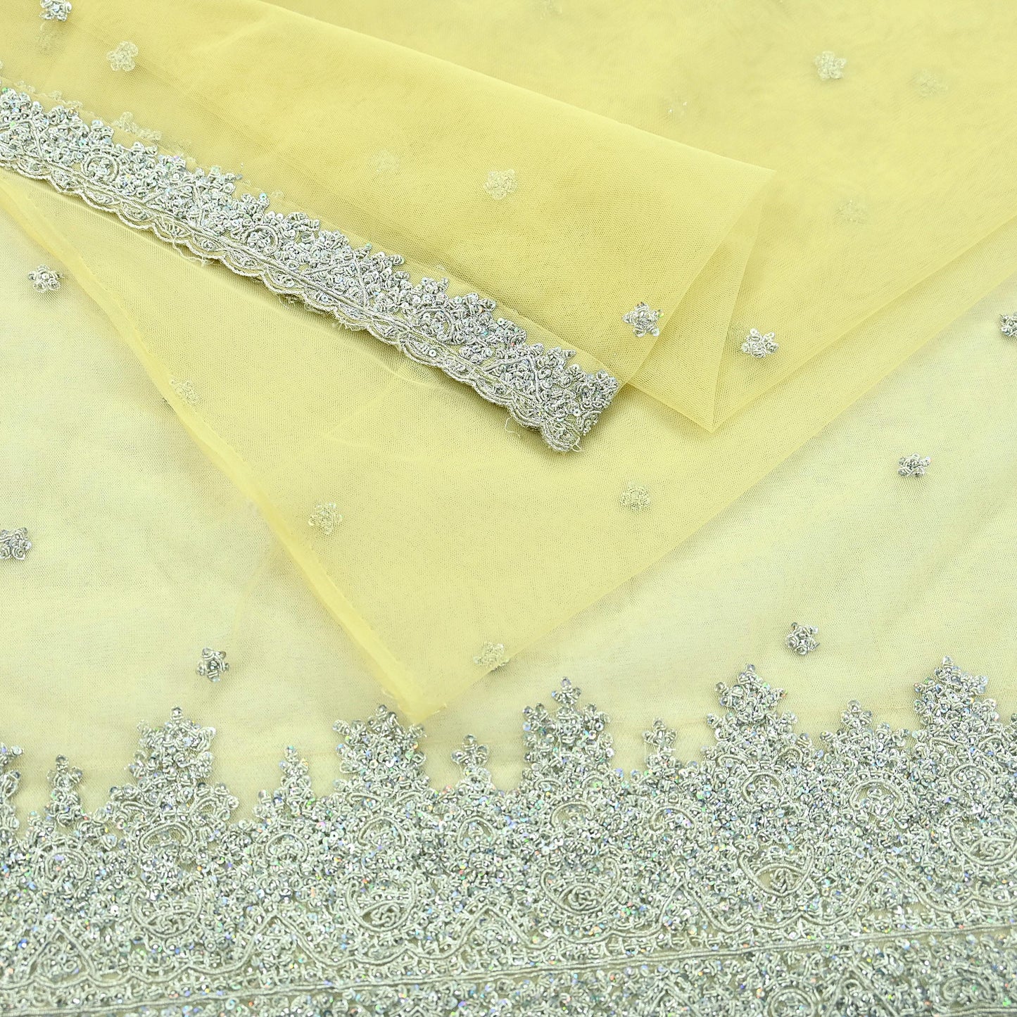Indian Vintage Sari Yellow Net/Mesh Hand Embroidered Sarees Craft Fabric 6Yd Sewing Soft Zardozi/Dabka Zari Sequins Wedding sarees