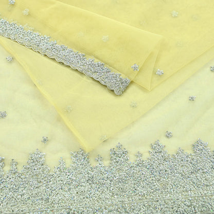 Indian Vintage Sari Yellow Net/Mesh Hand Embroidered Sarees Craft Fabric 6Yd Sewing Soft Zardozi/Dabka Zari Sequins Wedding sarees