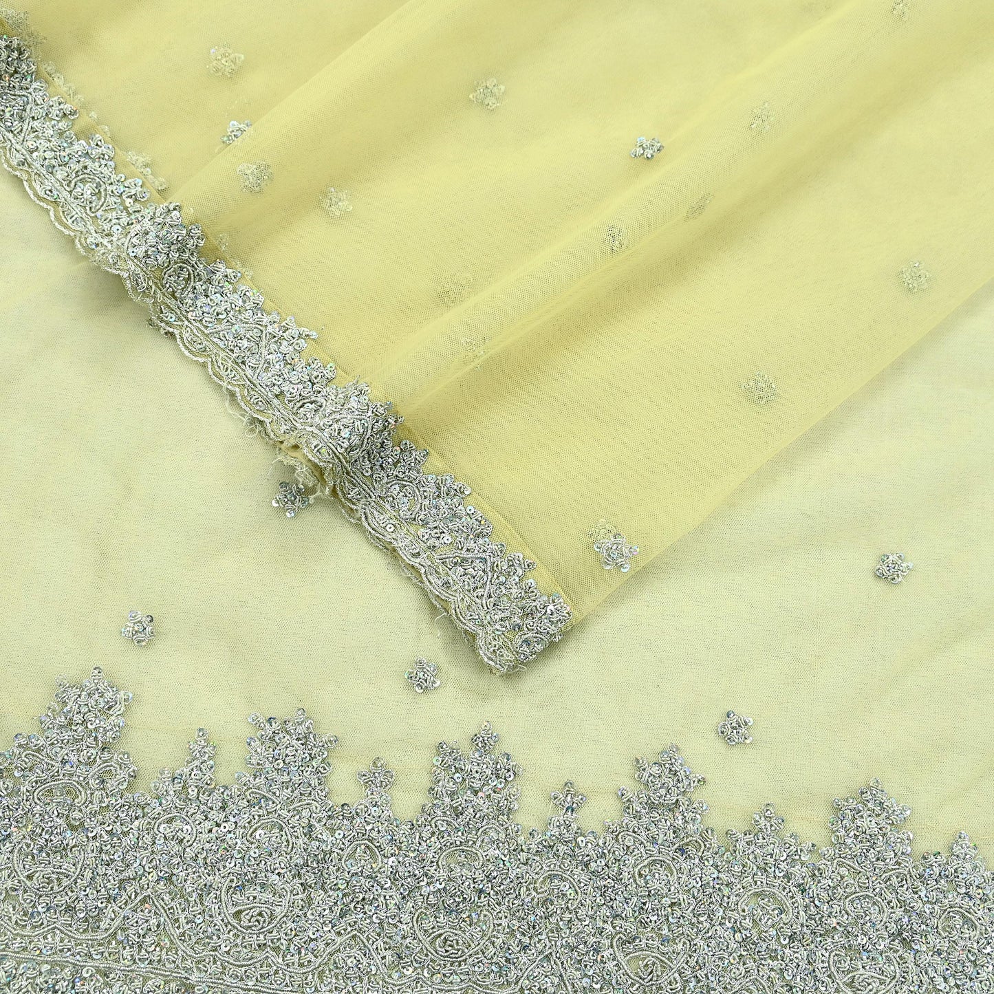 Indian Vintage Sari Yellow Net/Mesh Hand Embroidered Sarees Craft Fabric 6Yd Sewing Soft Zardozi/Dabka Zari Sequins Wedding sarees