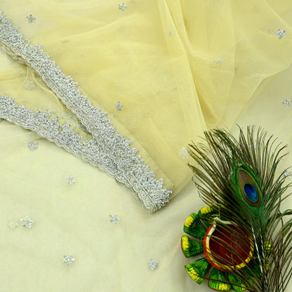 Indian Vintage Sari Yellow Net/Mesh Hand Embroidered Sarees Craft Fabric 6Yd Sewing Soft Zardozi/Dabka Zari Sequins Wedding sarees